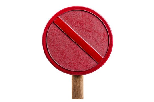 Red forbidden sign symbol on stick, isolated, cut out transparent