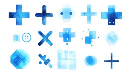 Obraz premium Collection of blue plus signs with varied styles and shapes on a white background