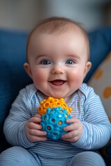 Happy baby with bright eyes smiles holding colorful toy balls