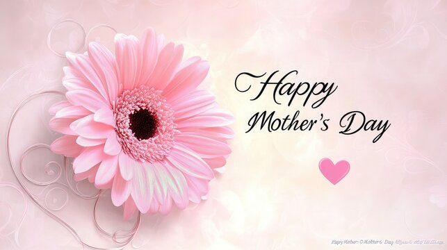 A delicate and graceful design featuring black cursive "Happy Mother's Day" text. A soft pink flower replaces the "o" in "Mothera??s - Powered by Adobe
