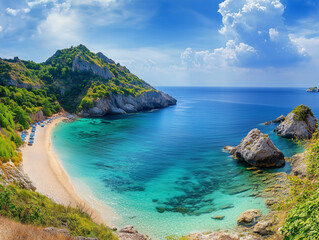 Fototapeta premium Tropical Beach Paradise: Clear Turquoise Waters, Lush Green Cliffs, Scenic Rock Formations and Serene Sandy Shores, ,clipping path,, close up, high quality