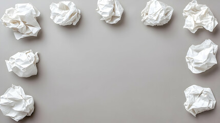 White Crumpled Paper Balls Arranged On Gray Surface With Empty Space for Text
