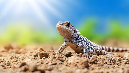 Obraz premium Small lizard basking in sunlight on dry soil