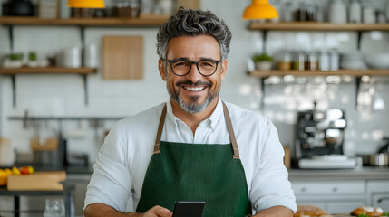 Smiling mature man in apron uses phone in cafe