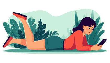 Obraz premium Casual girl lying on her back while using phone for social networks. Colorful flat vector art with clean lines. Isolated on white. Represents modern digital habits and youth culture.