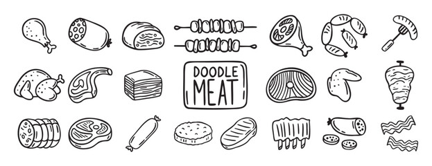 meat, pieces of meat and meat products doodle hand drawn icon set. Outline drawing meat products line clipart symbol collection