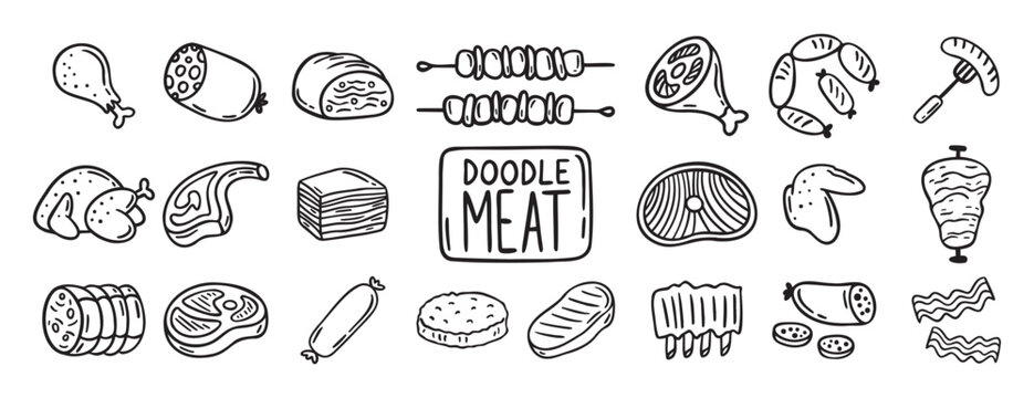meat, pieces of meat and meat products doodle hand drawn icon set. Outline drawing meat products line clipart symbol collection