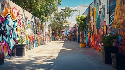 Fototapeta premium Colorful graffiti art adorns the walls of an outdoor alleyway