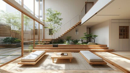 Fototapeta premium Bright modern living room with minimalist wooden furniture and a natural feel.