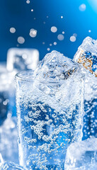 Obraz premium Sparkling water with ice cubes in glass, close-up