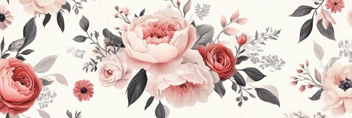Floral classic seamless print featuring peonies, roses, and asters in a shabby chic style for elegant d&eacute;cor