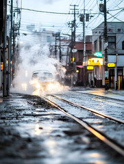 Obraz premium Steam train on a wet city street at dawn