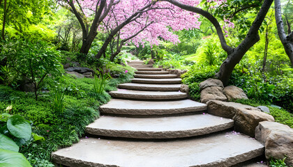 Stone steps ascend through a lush garden, framed by blooming pink trees and vibrant greenery