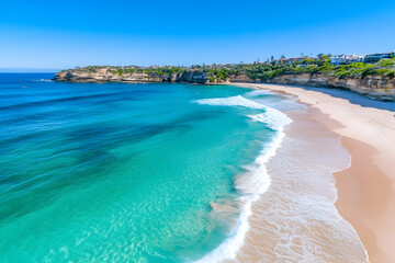 Fototapeta premium Stunning aerial view of a pristine beach with turquoise water, white sand, and gentle waves curving along a cliff-lined coast under a clear blue sky