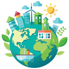 Eco-friendly city with houses on a green planet Earth