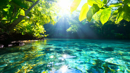 Sunbeams illuminate a tranquil, crystal-clear lagoon nestled within a lush, vibrant tropical rainforest