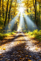 Obraz premium Sunbeams illuminate a path through a golden autumn forest
