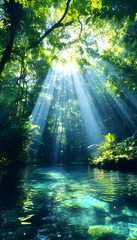 Obraz premium Sunbeams pierce lush canopy, illuminating tranquil, crystal-clear water