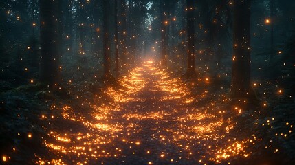 Enchanted Forest Path: Magical Glowing Lights Illuminate a Dark Woodland Trail Scene, Creating an Ethereal and Mystical Atmosphere.