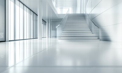 Obraz premium Modern minimalist interior, bright and spacious hallway with stairs. Glossy white surfaces, large windows, and clean lines create an airy atmosphere