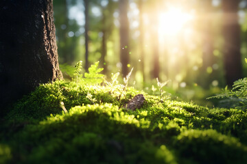 Sunlit forest floor, moss, young plants, tree trunk