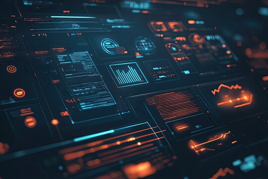HiTech Futuristic Interface with Data Graphs, Charts and Numbers on Black Surface - Powered by Adobe
