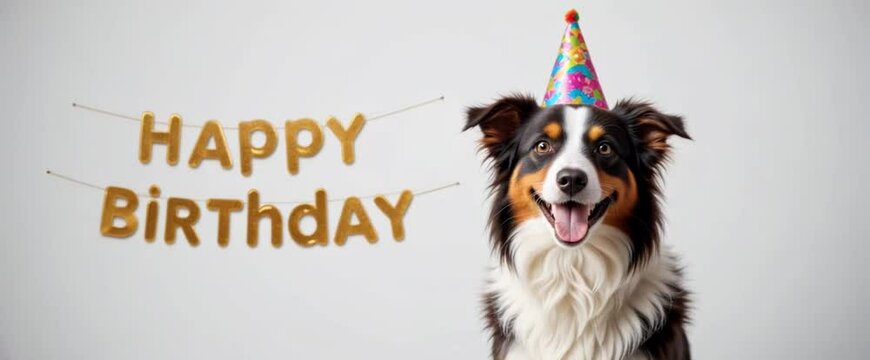 Happy Birthday party concept. Funny cute puppy dog border collie wearing birthday silly hat isolated on white background. Pet dog on Birthday day  