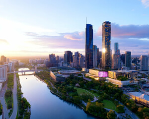 Obraz premium Sunrise cityscape panorama with river, park, and skyscrapers
