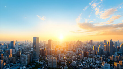 Fototapeta premium Elevated View Of A Modern City At Sunset With Golden Light Casting Across Buildings And Sky