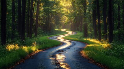 Obraz premium Enchanting forest road winding through lush greenery, bathed in sunlight, capturing the essence of nature's serene beauty and a peaceful landscape.
