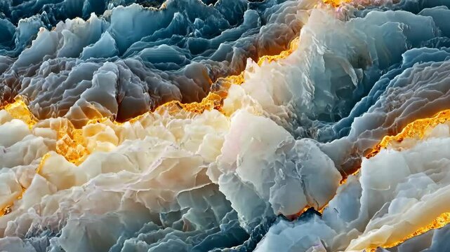 An abstract close-up of textured layers resembling geological formations with shades of blue, white, and orange, creating a visually striking contrast. Mineral pattern texture macro background.
