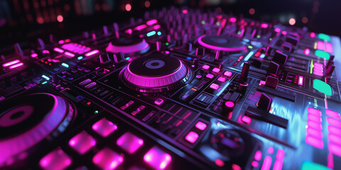 Futuristic DJ controller glowing in neon purple on digital circuit background
