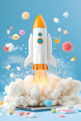 Toy rocket launching from tablet, surrounded by colorful playful elements against a blue background