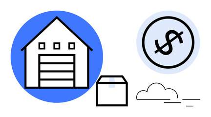 Warehouse building with three windows, box package, and a dollar sign in a circle. Ideal for logistics, ecommerce, shipping, storage, business supply chain cost management. Flat simple metaphor