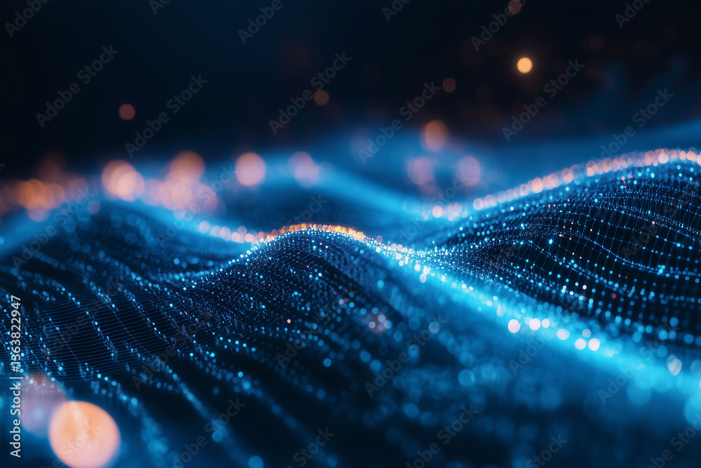Poster exploring abstract digital wave with blue data points and golden bokeh