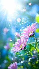 Two pink flowers bask in bright sunlight, glistening with dew drops; ethereal, dreamy feel