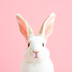 Obraz premium Cute white bunny in various poses on soft pink background holding or playing with pastel eggs