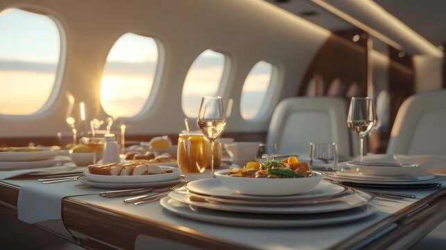 A meal looks luxurious on a private jet dining table, giving a sense of luxury and exclusivity, perfect for promoting a premium lifestyle or advertising a private jet charter service.