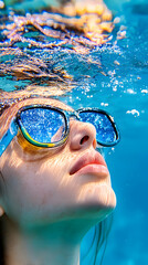 Naklejka premium Underwater close-up of a person's face wearing sunglasses, partially submerged in clear blue water