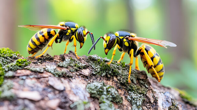 Two yellowjackets face off on mossy bark