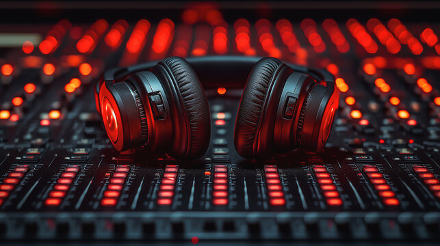 Black headphones resting on illuminated red audio mixing console
- Powered by Adobe