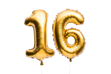 Golden sixteen number balloons, anniversary celebration, party decor, cut out transparent