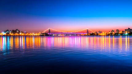 Obraz premium Vibrant city skyline at twilight, reflecting in calm water