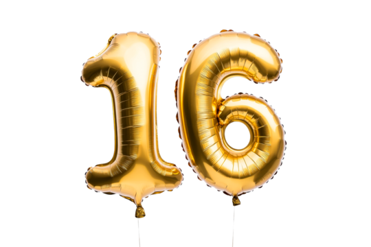 Golden sixteen number balloons, anniversary celebration, party decor, cut out transparent