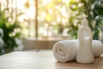 Spa lotion, rolled towel, wooden table, sunlit plants. Relaxation, wellness