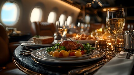 Fototapeta premium A meal looks luxurious on a private jet dining table, giving a sense of luxury and exclusivity, perfect for promoting a premium lifestyle or advertising a private jet charter service.