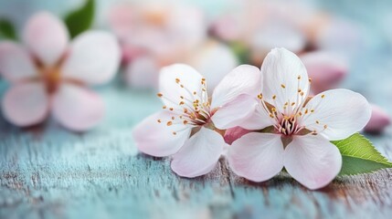 Fototapeta premium Cherry blossoms elegantly adorn a weathered light blue wooden surface