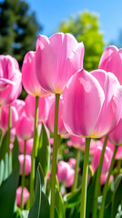 Fototapeta premium Vibrant pink tulips in a sunny garden