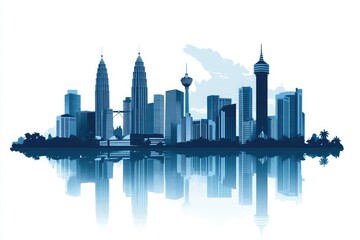 Kuala Lumpur Skyline Twin Towers, Skyscrapers, Water Reflection, Blue Tone