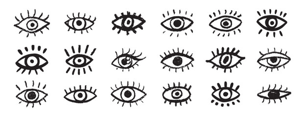 Grunge eyes hand drawn doodle icon set. Open black eyes with bold line. Monochrome eye element